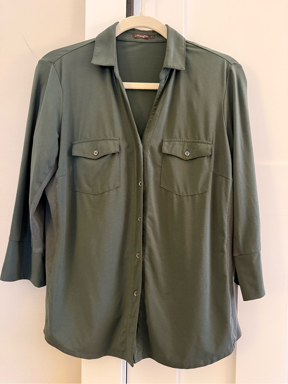 J. McLaughlin Brynn Lyford Jersey Button Down Stretch Shirt Olive Green L